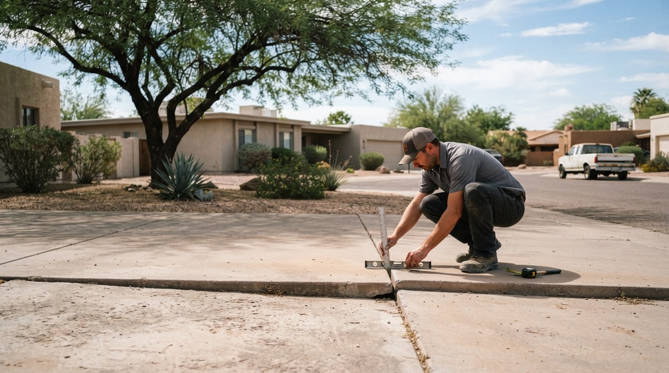 Concrete leveling contractor measuring elevation difference on a settled driveway slab at a post-WWII ranch-style home in Mesa, Arizona