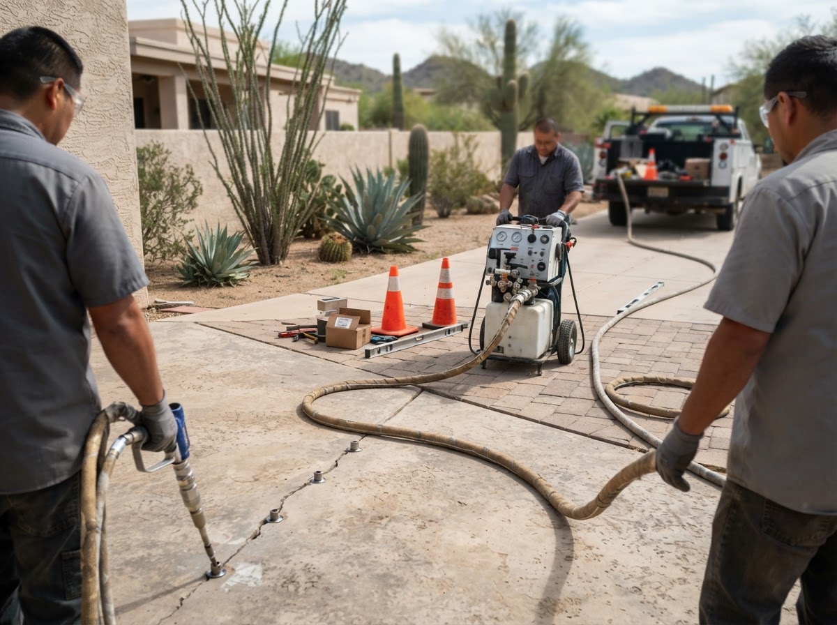 Polyurethane concrete lifting equipment set up at a residential patio slab in an Arizona backyard with small injection ports