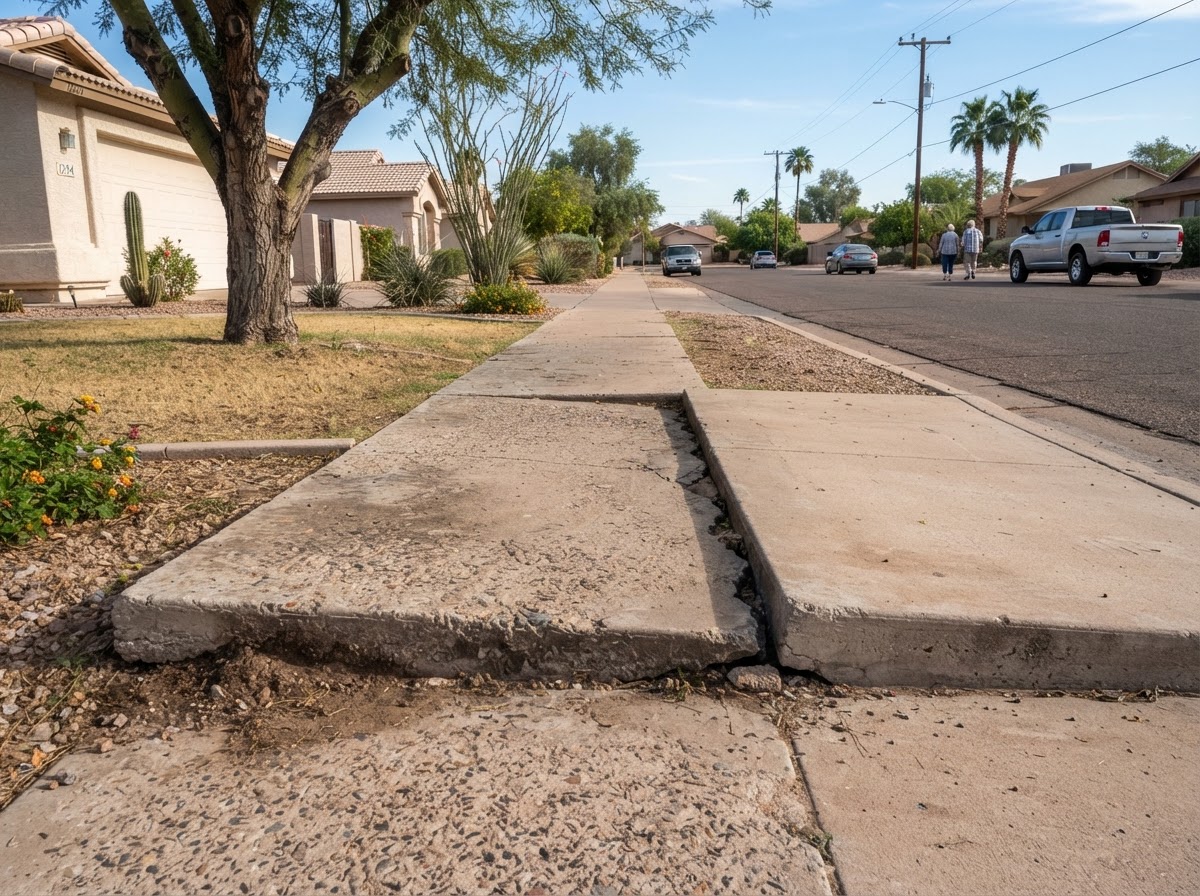 Uneven concrete sidewalk panels in an established Mesa, Arizona neighborhood with one panel settled below the adjacent panel creating a trip hazard