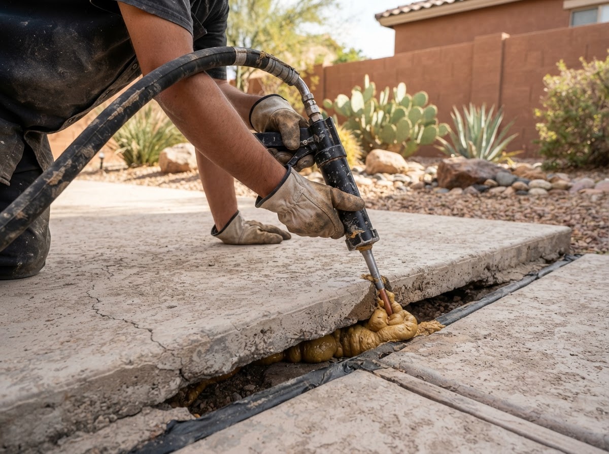 Professional concrete lifting equipment set up beside a settled residential slab, preparing to introduce lifting material through small injection points