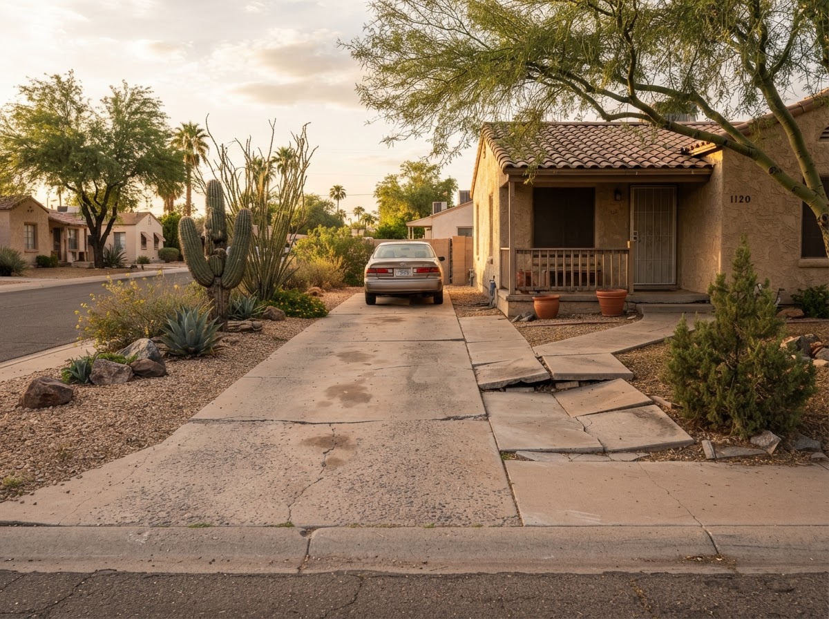 Settled concrete driveway and front walkway in an older central Tempe neighborhood with mature desert landscaping