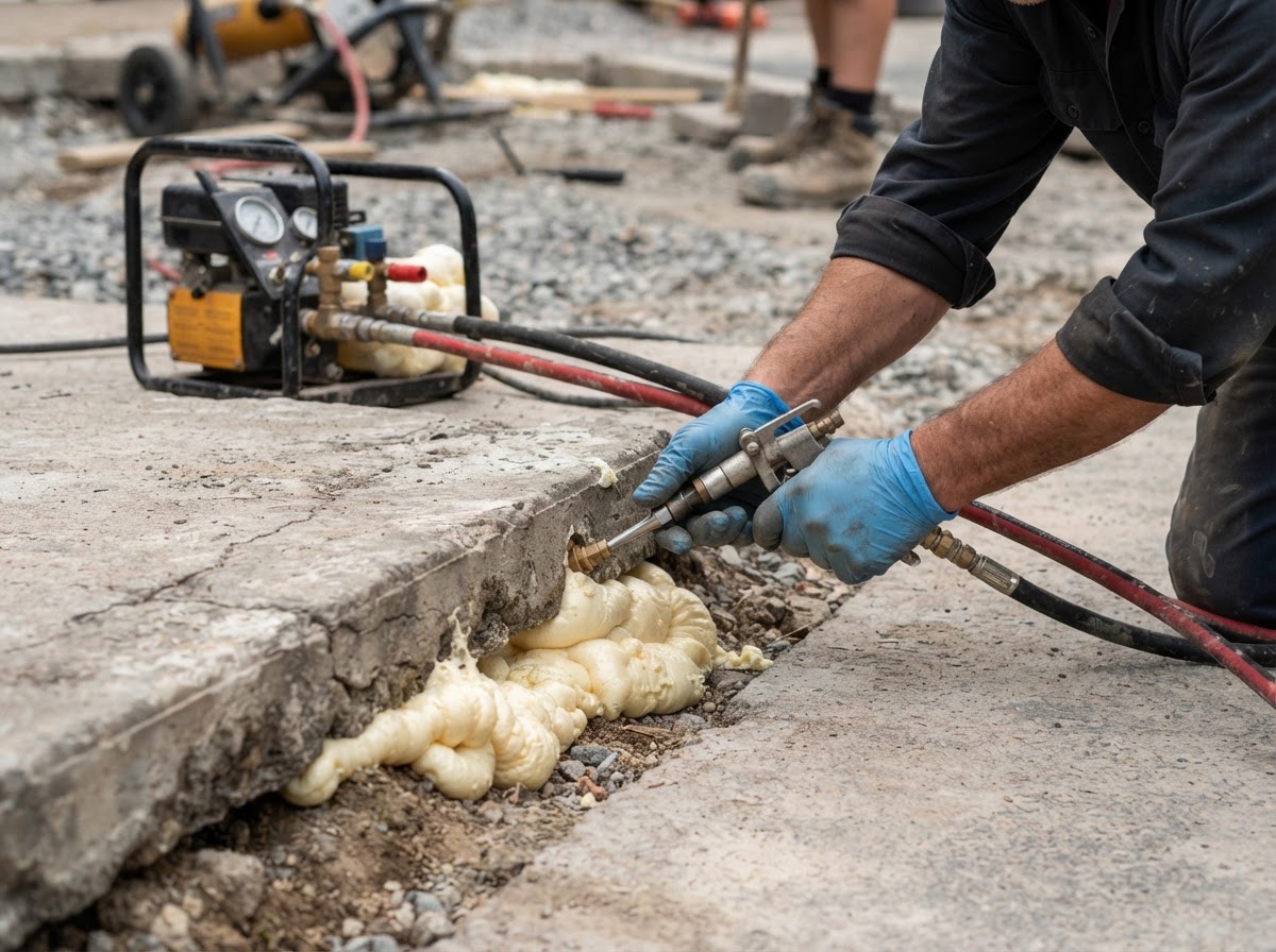 Close-up of polyurethane foam injection equipment with expanding foam filling beneath a concrete slab through a small drilled port