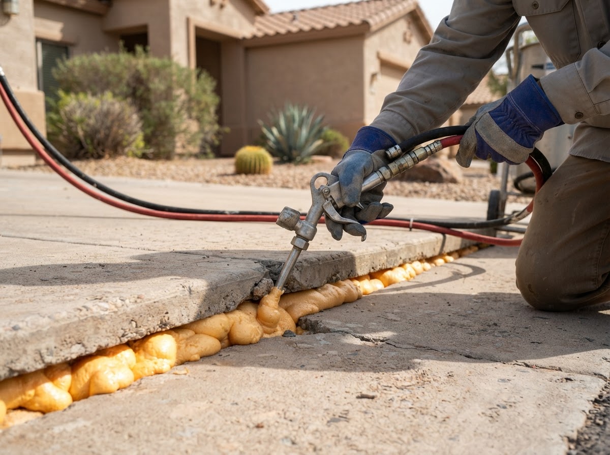 Concrete lifting crew raising a settled residential slab with polyurethane injection equipment in an Arizona yard