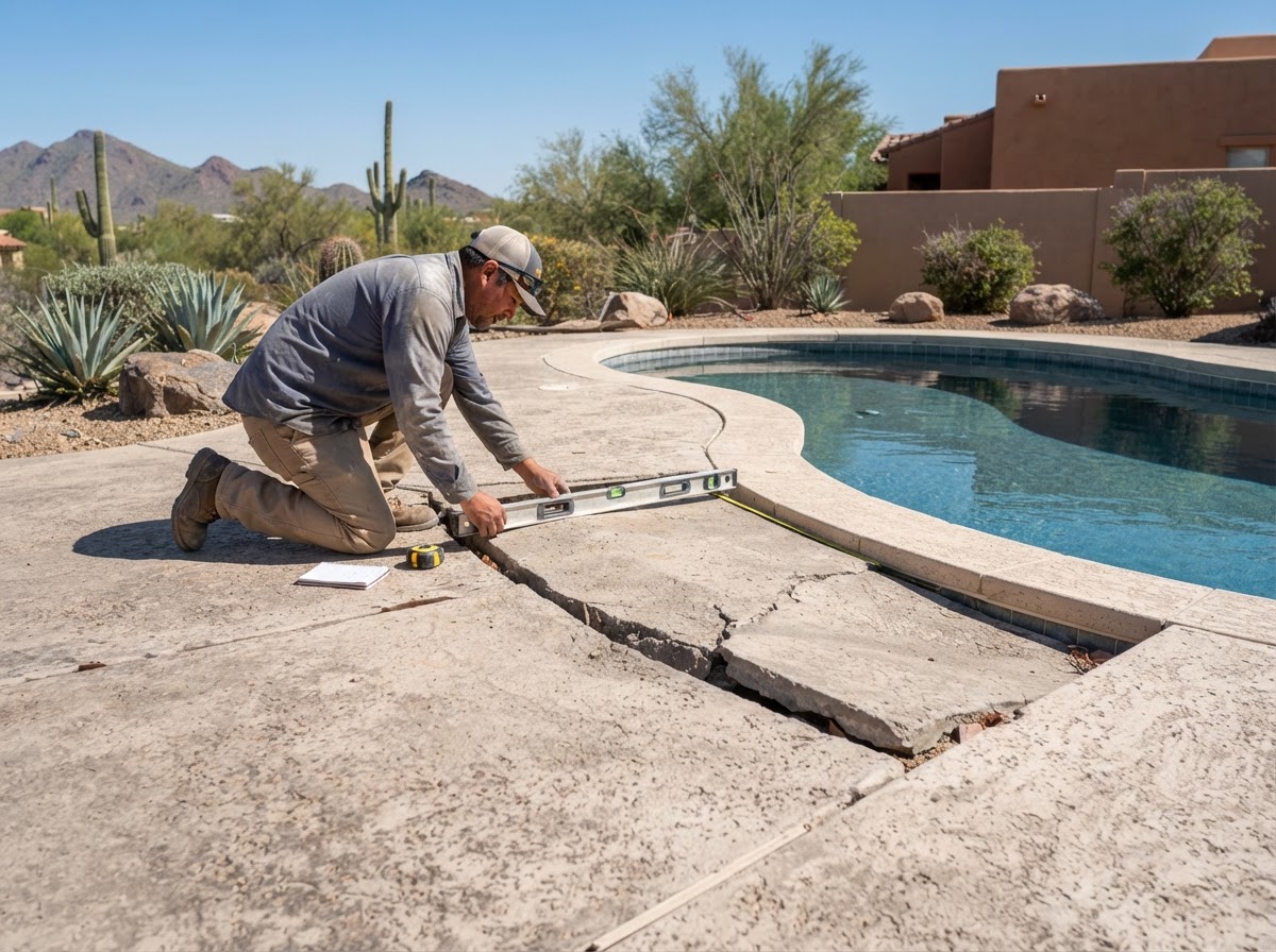 Settled backyard concrete patio slab in an Arizona home showing a sunken uneven section
