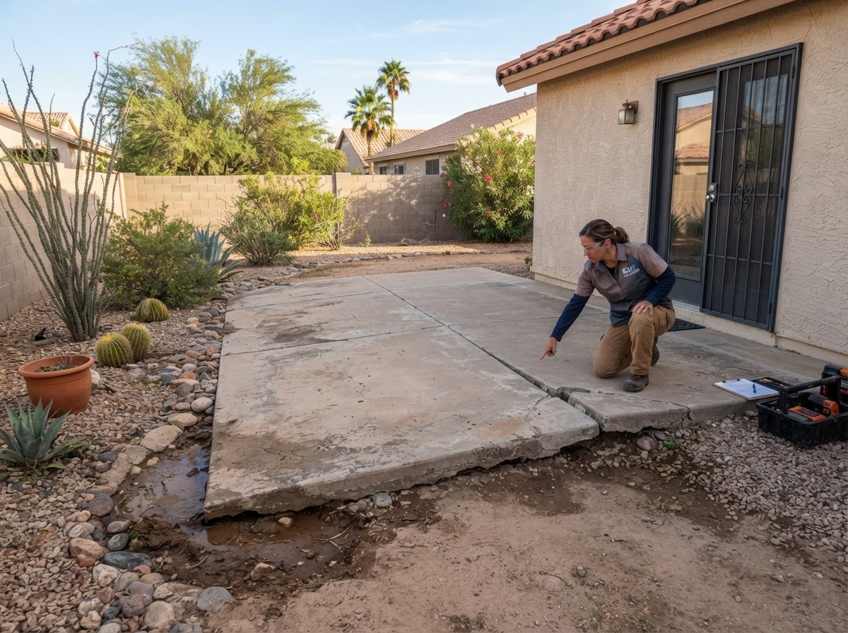 Settled concrete patio slab in a Guadalupe, Arizona residential yard showing uneven sections and changed surface drainage near a door threshold and landscaping edge