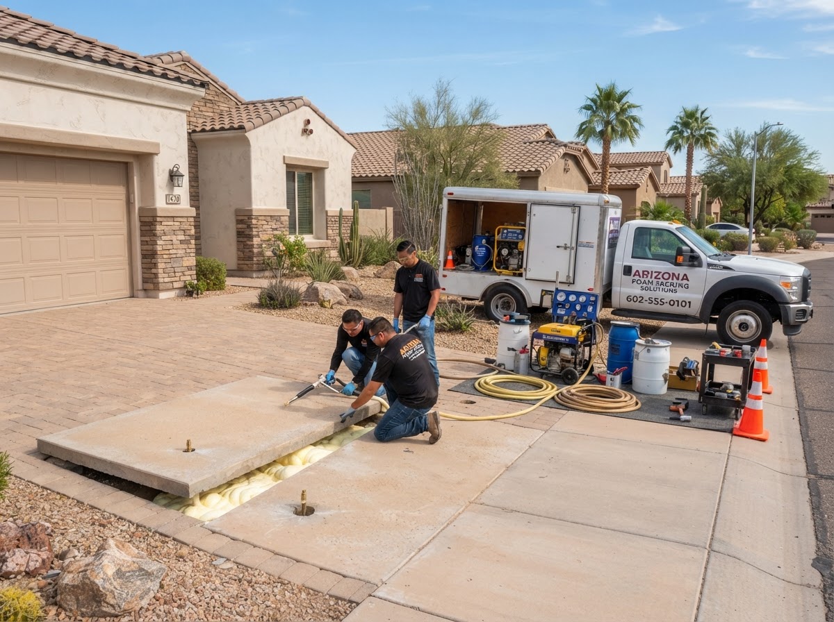 Concrete leveling equipment with injection ports and polyurethane foam application setup beside a settled residential driveway slab in an Arizona suburban setting