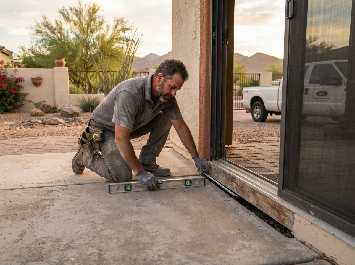 Concrete leveling contractor measuring settlement on a patio slab near a door threshold at a Mesa, Arizona home