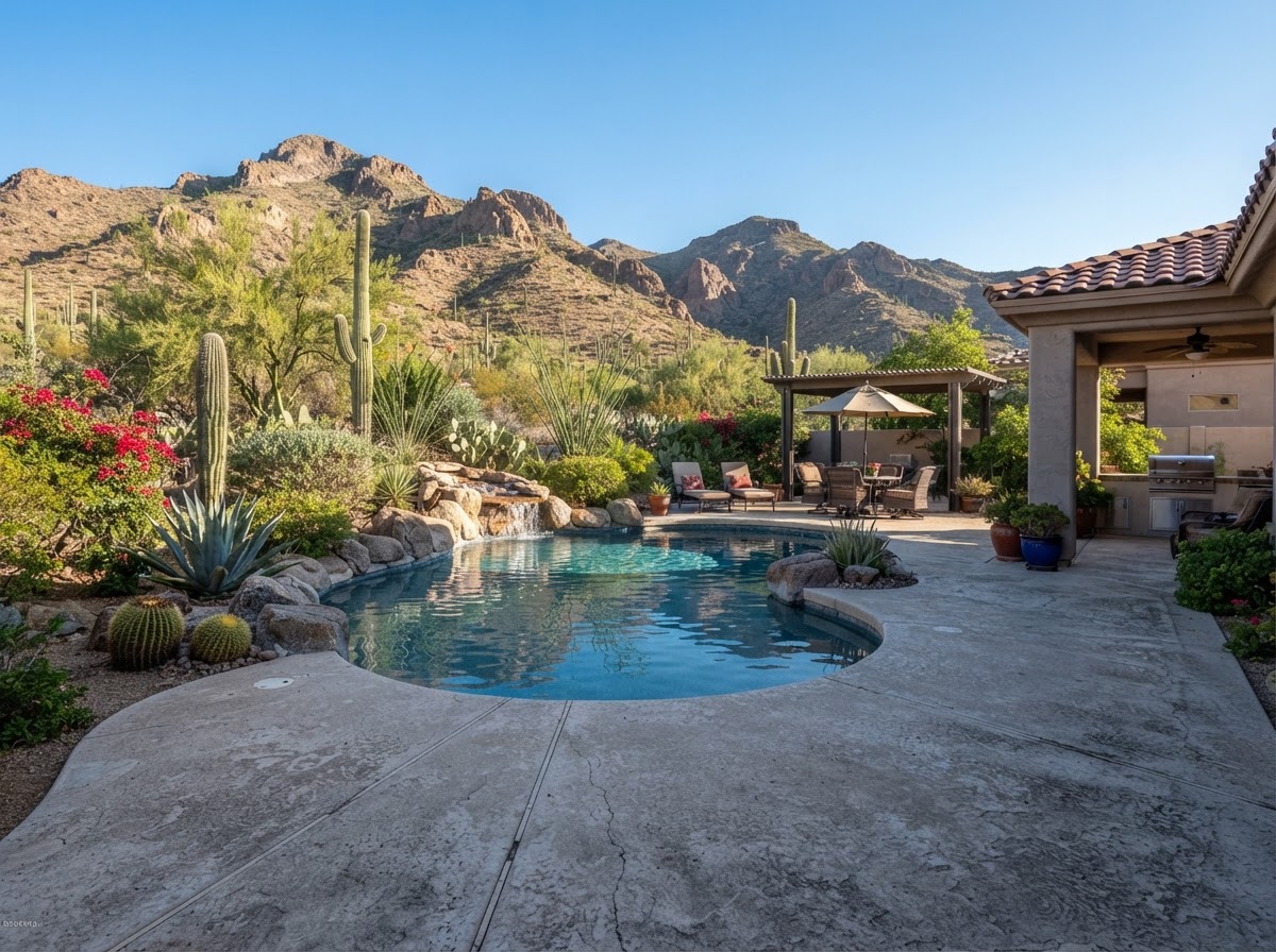 Settled concrete pool deck and patio slab in an Ahwatukee, Arizona backyard with desert-edge landscaping and foothill terrain in the background