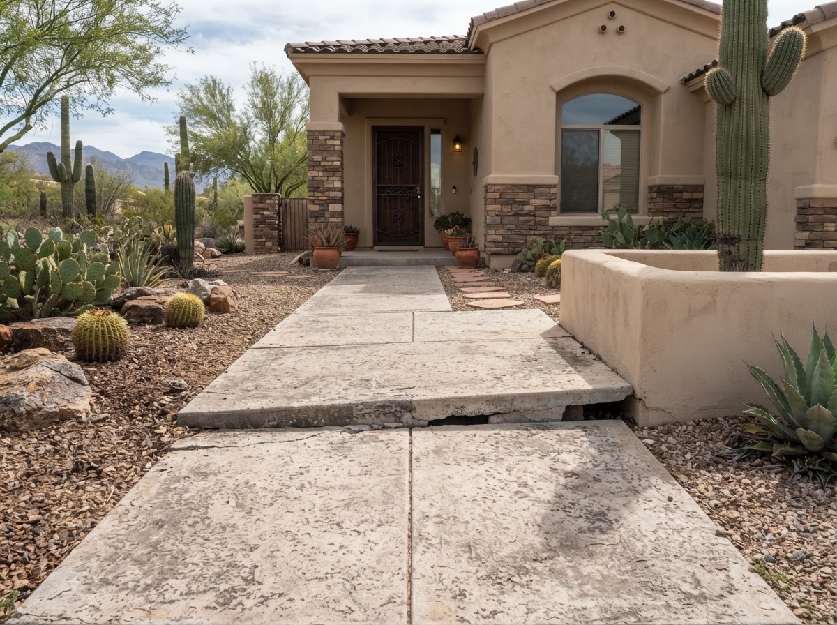 Settled concrete front walkway leading to a home entry in an Arizona residential setting showing uneven panels