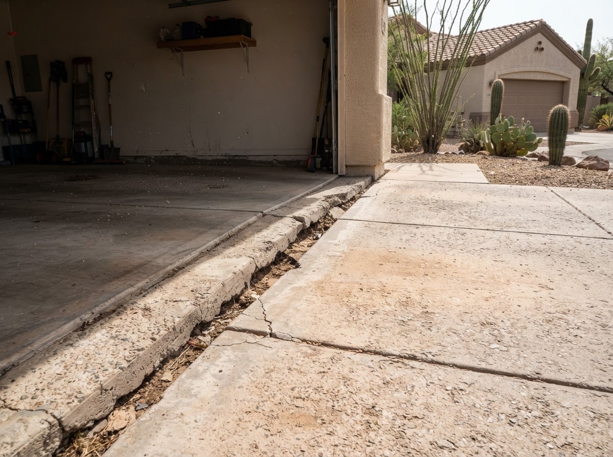 Transition between a residential garage floor slab and a driveway approach in an Arizona home showing an uneven elevation difference