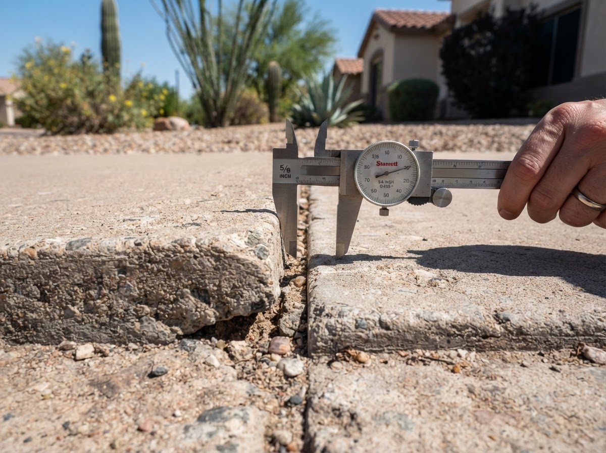 Close-up measuring a vertical trip edge offset between two concrete sidewalk panels at a joint in an Arizona residential front walkway