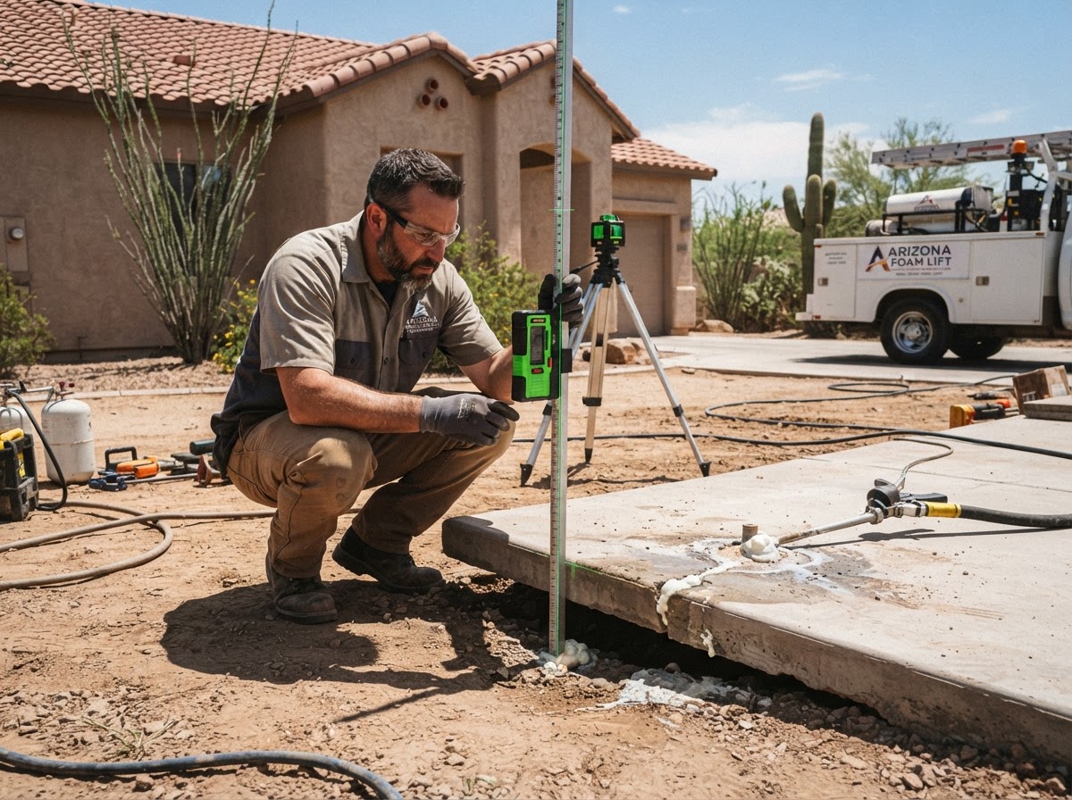Technician using a laser level measurement tool to check elevation across a concrete slab being lifted with polyurethane foam at a Mesa Arizona property