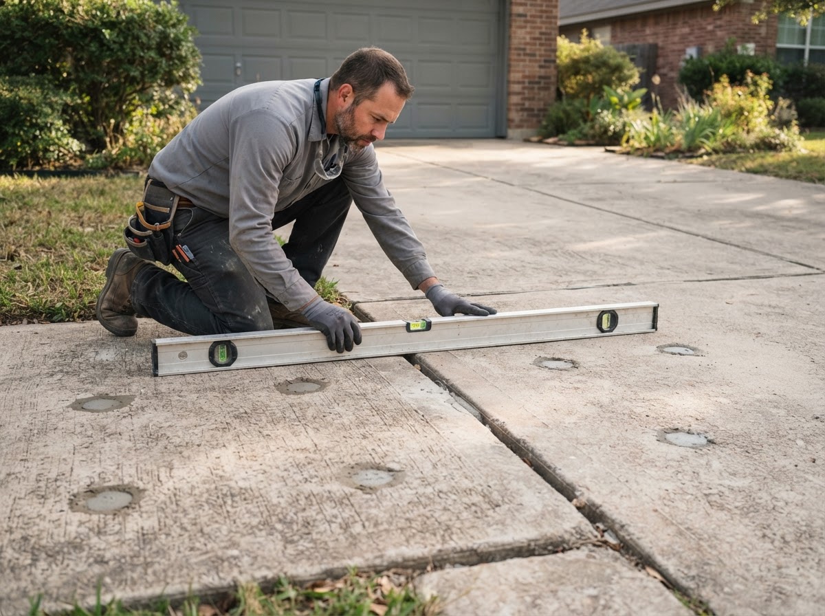 Technician checking the alignment of a concrete sidewalk-to-driveway transition joint with a level after a leveling lift