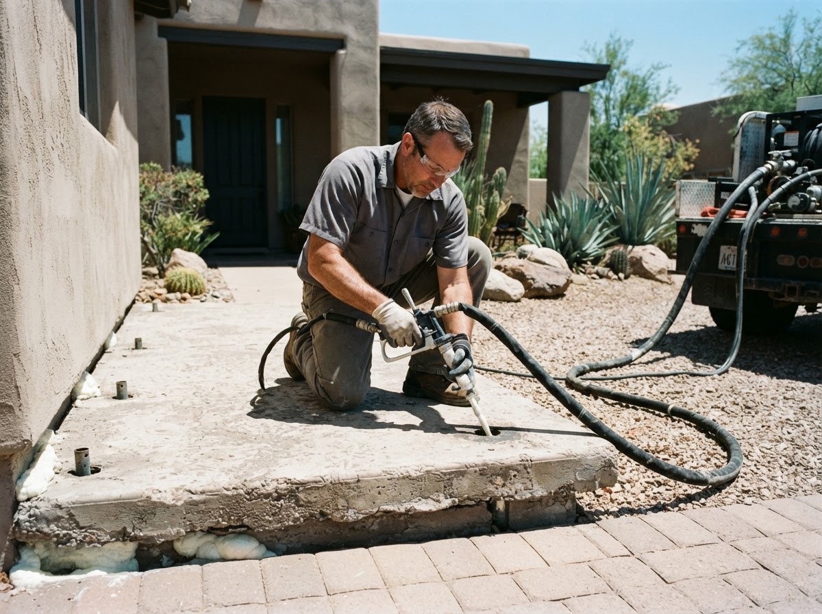 Technician performing controlled polyurethane foam injection on a sunken front entry landing slab at an Arizona home