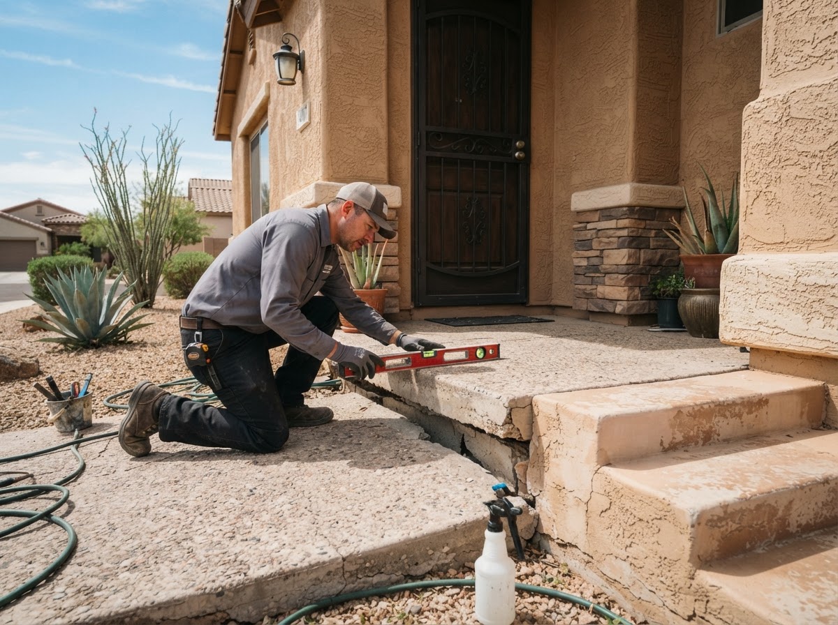 Concrete leveling technician kneeling to assess a sunken front porch slab and entry landing at a stucco Arizona home, measuring the vertical offset at the threshold