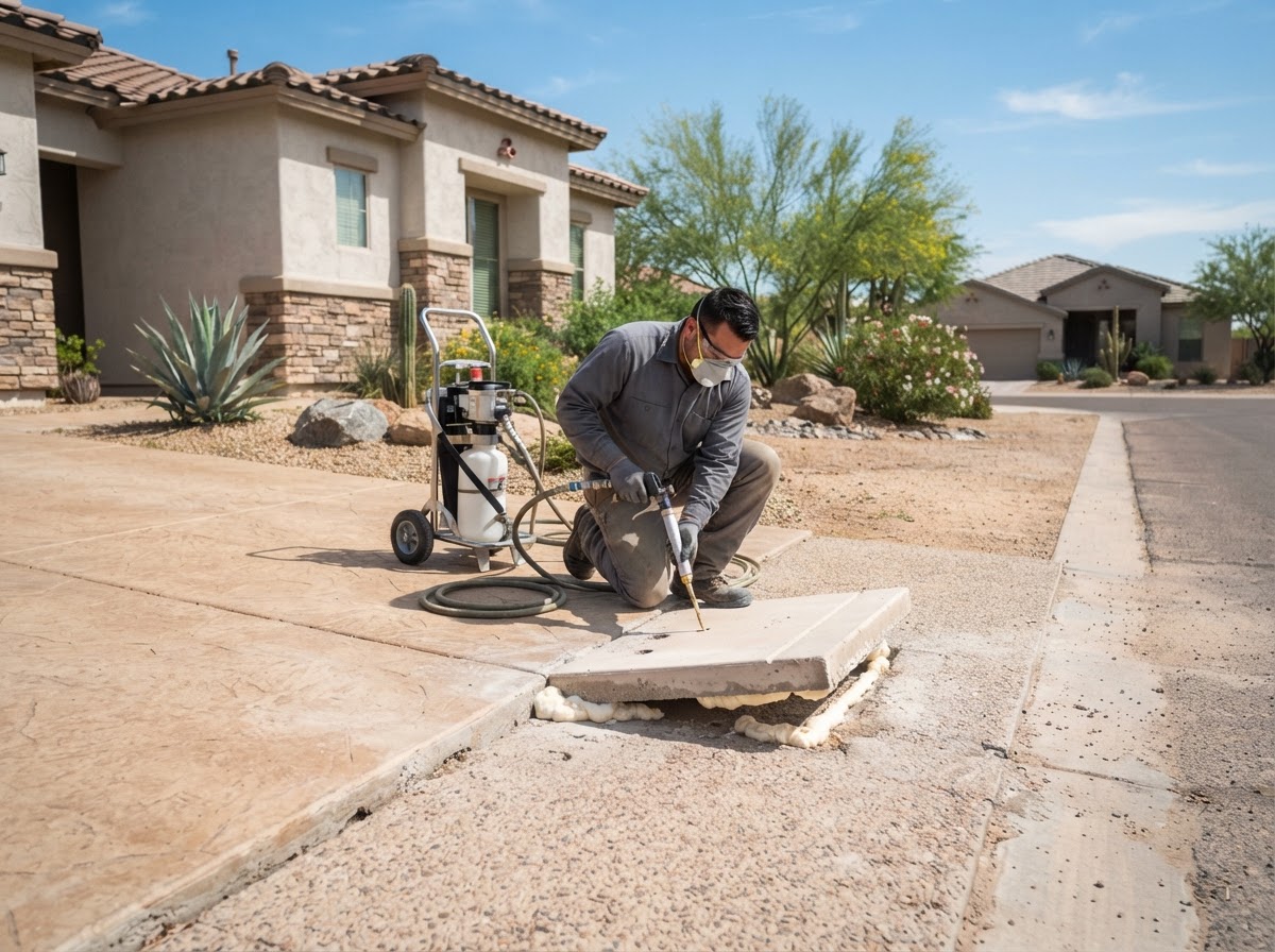 Technician performing controlled concrete lifting injection on a residential walkway panel at a driveway-to-walkway transition at a newer Arizona suburban property