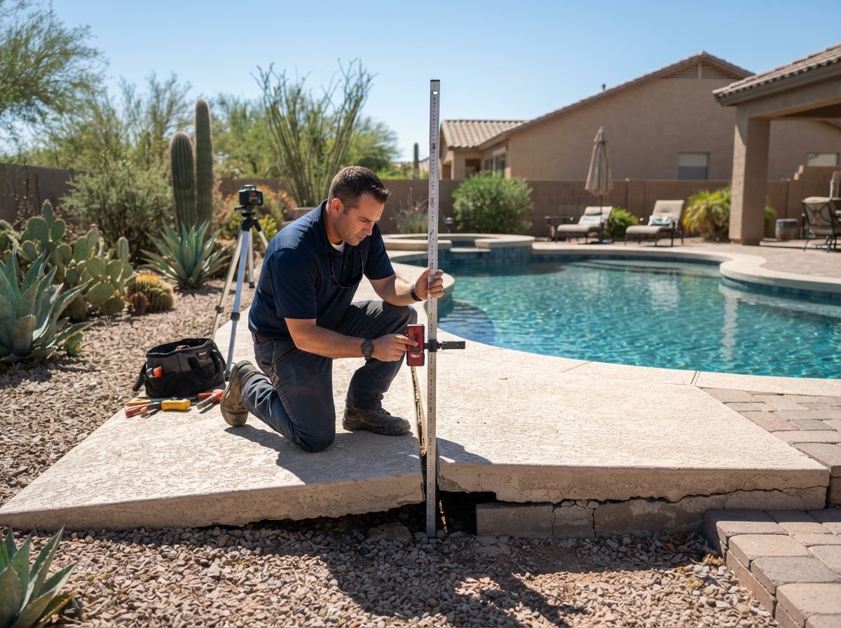 Technician measuring the grade of a settled backyard patio slab adjacent to a pool area in a newer Arizona desert-landscaped yard