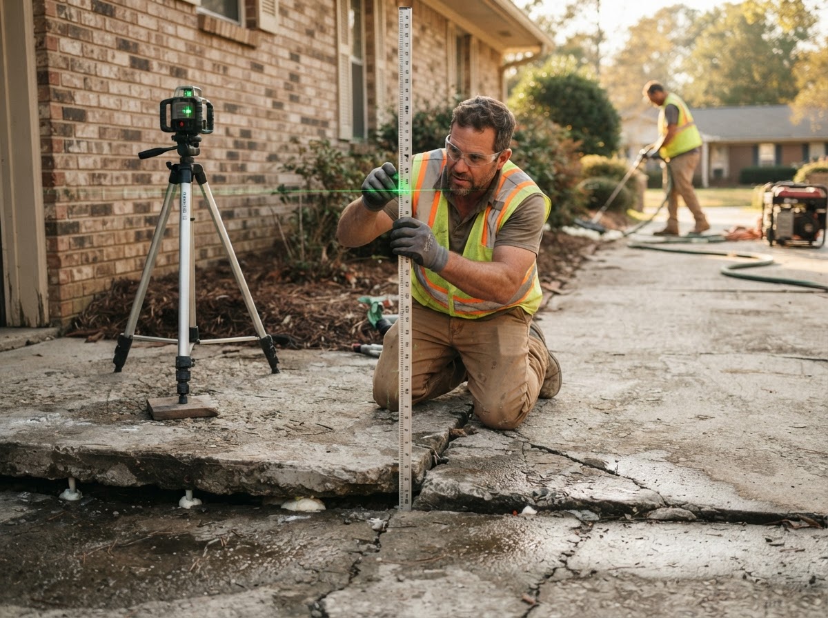 Worker using a laser level and measurement tool to check elevation across a settled concrete slab during polyurethane lifting