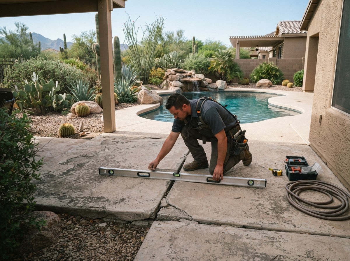 Backyard patio and pool deck concrete slab in an established Arizona yard being assessed for leveling with desert landscaping