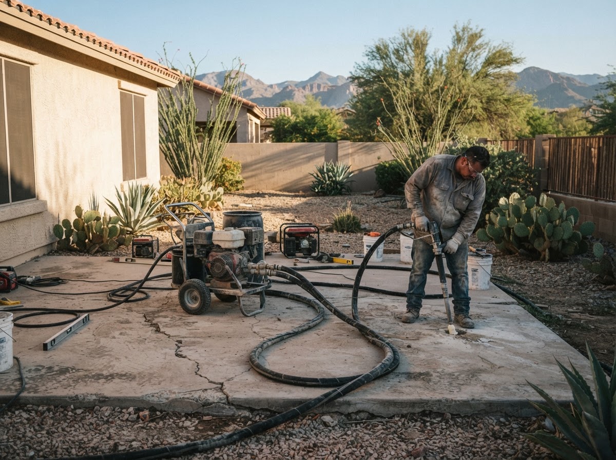 Injection equipment and hoses staged on a settled backyard concrete patio slab during a patio leveling lift in a desert yard