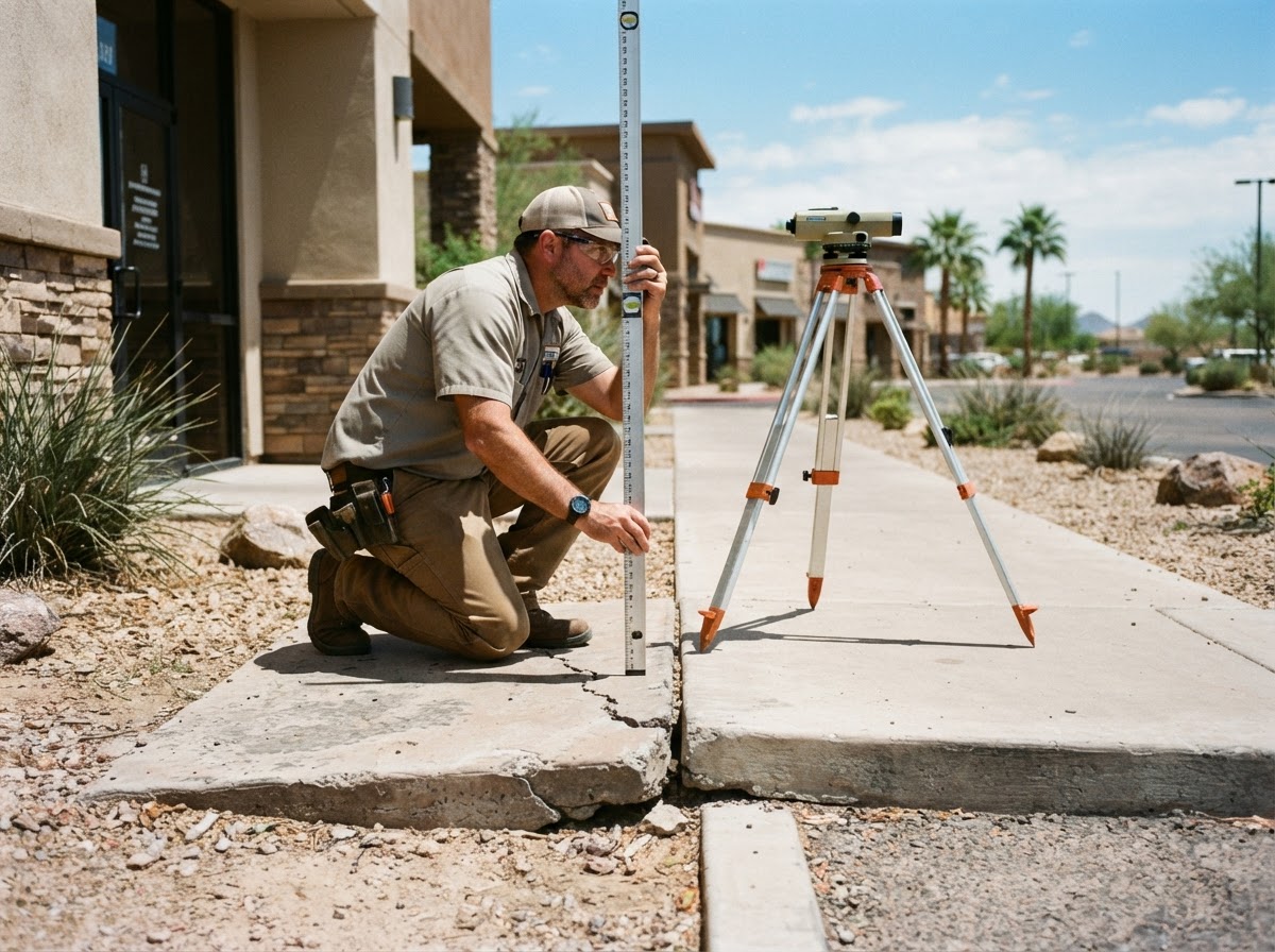 Technician taking elevation measurements across a settled commercial pedestrian sidewalk slab with a level tool in Arizona
