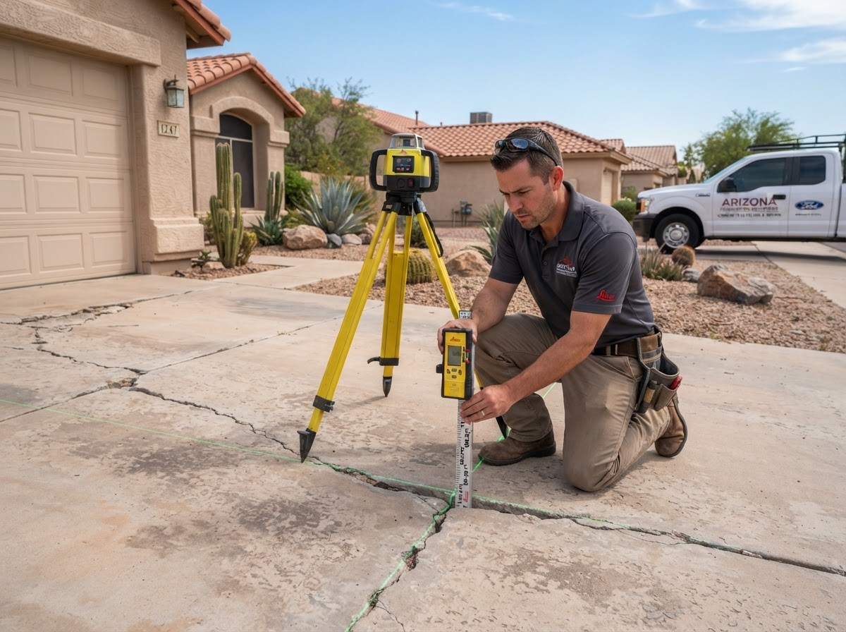 Technician using a laser level and measurement tool to check elevation across a settled residential driveway slab in an Arizona suburban setting