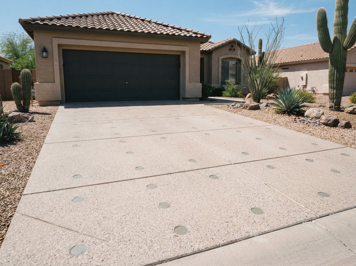Leveled and stabilized residential concrete driveway with clean patched injection points and even panel joints at an Arizona home