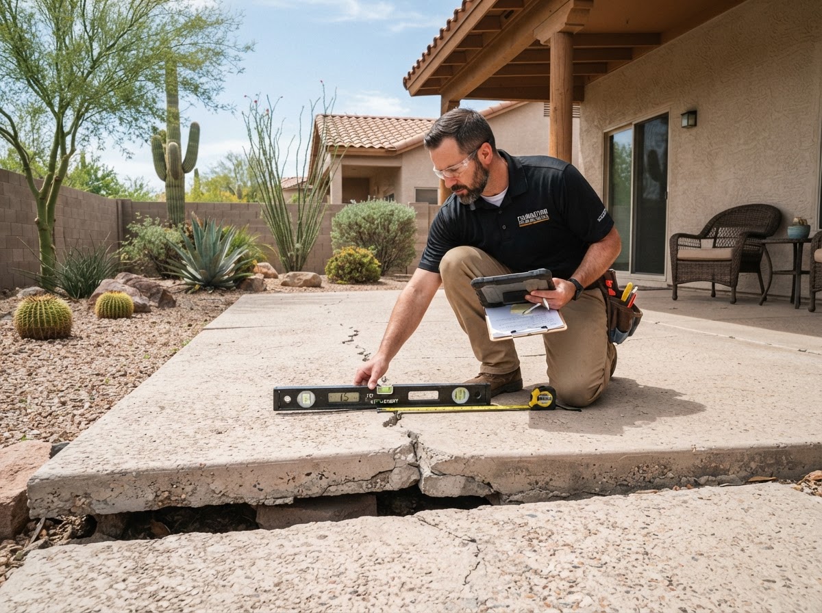 Technician evaluating a covered patio concrete slab for settlement and alignment at an Arizona residential home with desert landscaping