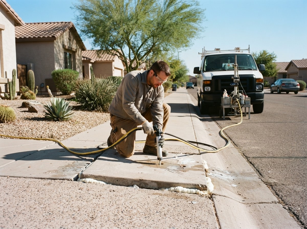 Technician performing controlled concrete lifting injection on a settled residential sidewalk panel to reduce a trip hazard in an Arizona neighborhood