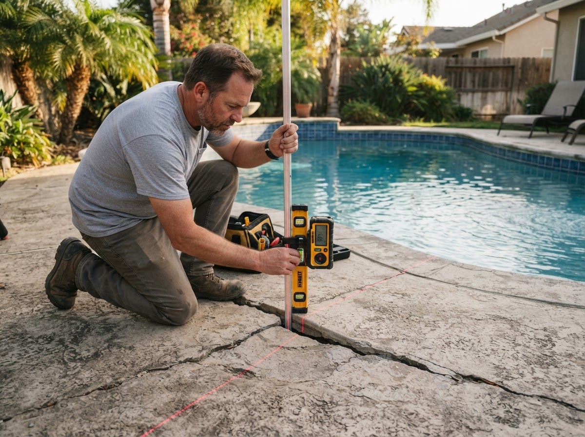 Technician using a laser level to check elevation across a settled concrete pool deck section near a backyard pool