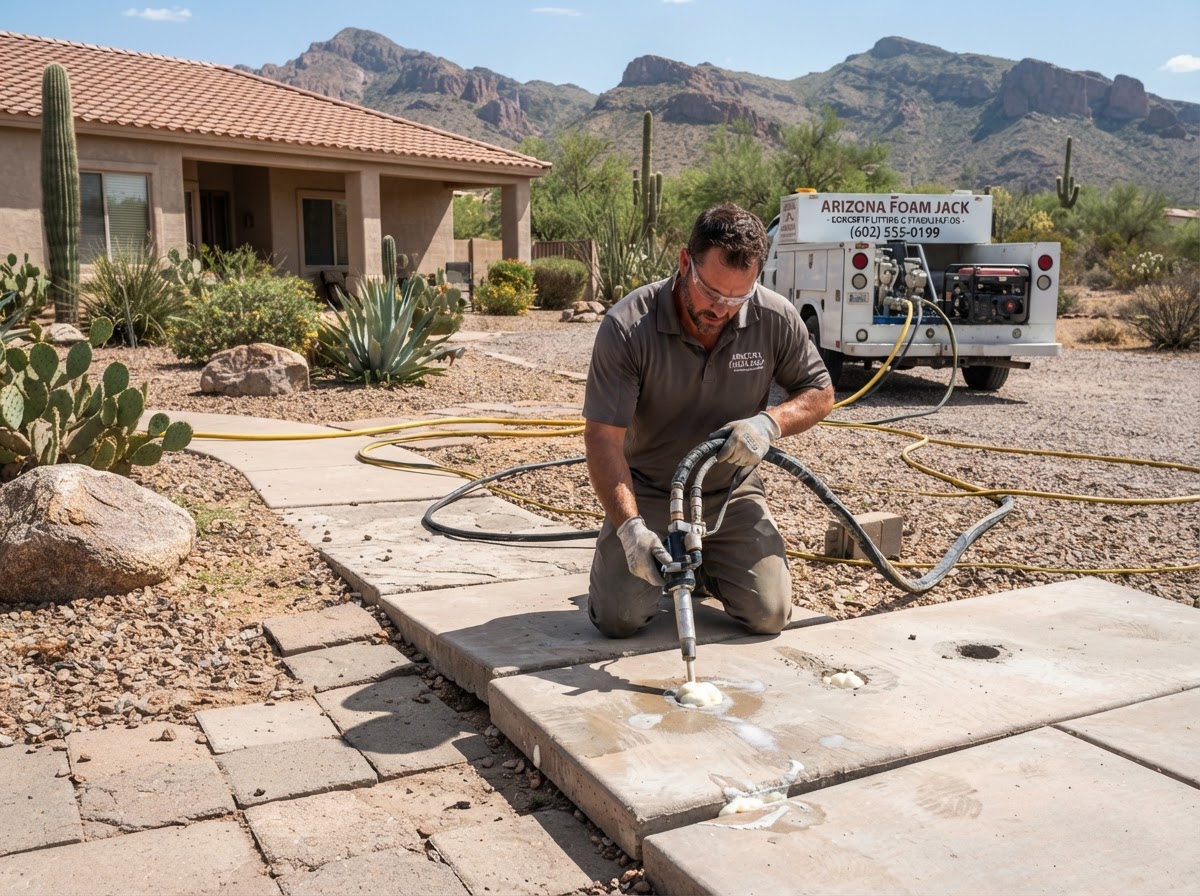 Technician performing polyurethane foam injection lifting on a residential walkway and patio slab in an Arizona desert-landscaped yard