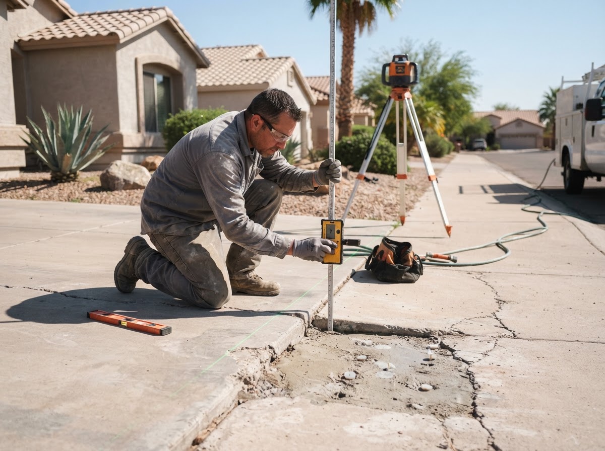 Concrete leveling technician using a laser level and measurement tool to check elevation across a settled residential driveway slab in an Arizona suburban setting