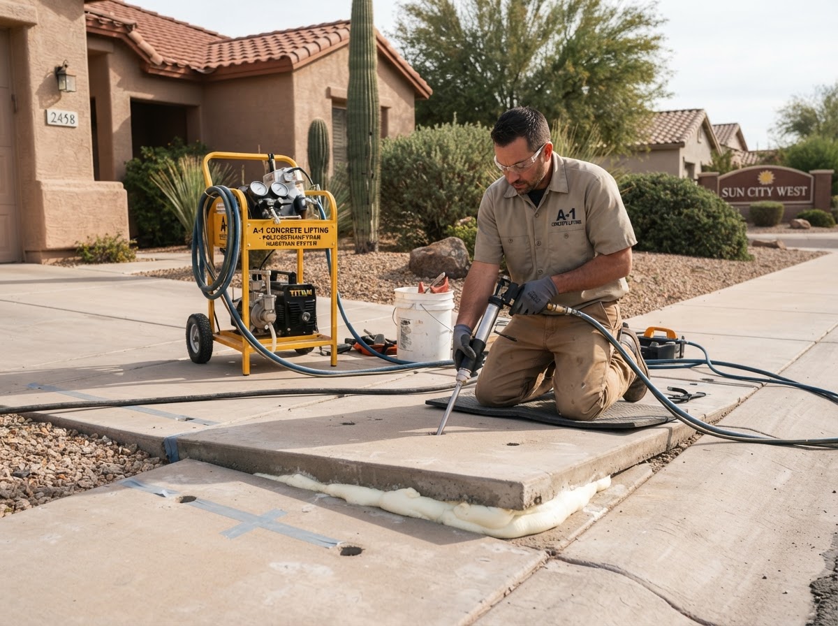 Technician performing controlled concrete lifting injection on a residential front walkway slab panel in an Arizona active-adult community