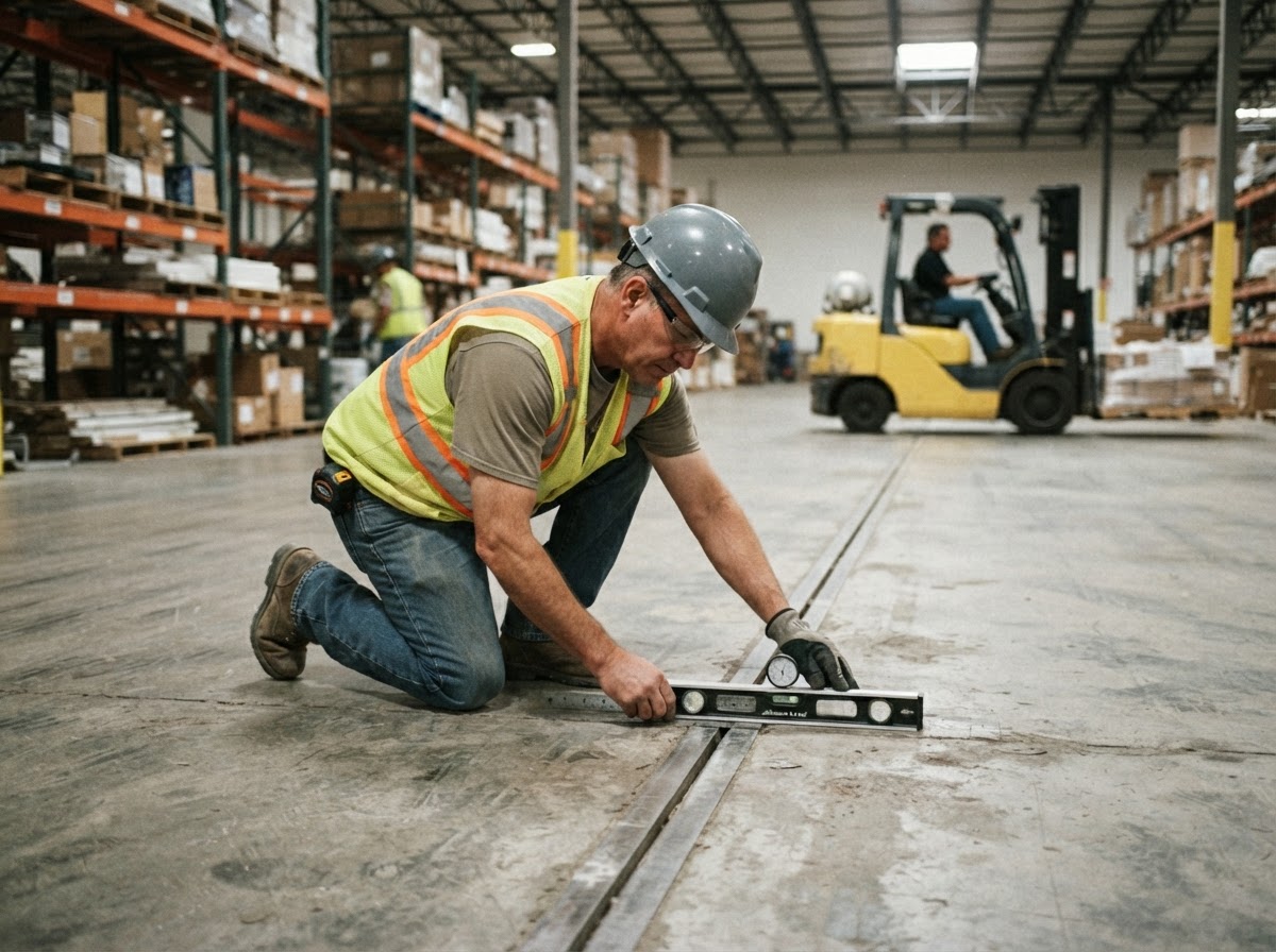 Interior warehouse concrete slab with joint offsets being measured for leveling, forklift and rack context in background