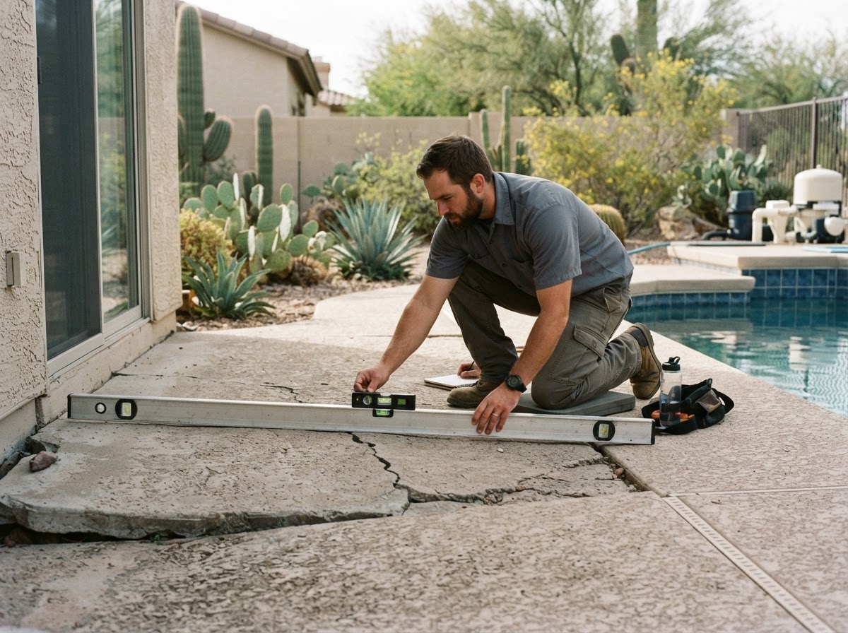 Technician measuring the grade of a settled backyard patio slab near a pool area in a mature desert-landscaped Arizona yard