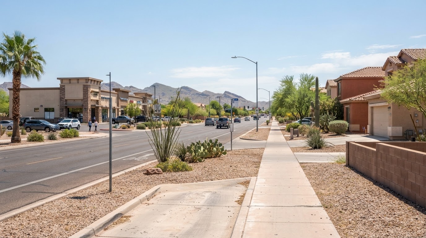 East Valley Arizona suburban and commercial corridor streetscape with concrete sidewalks, driveway aprons, a small retail storefront and stucco homes