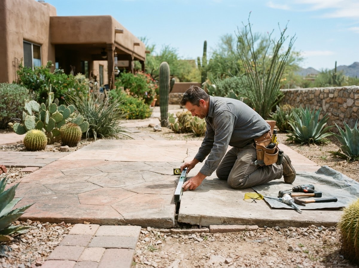 Technician evaluating a settled patio slab for leveling at an established Arizona backyard property with desert landscaping