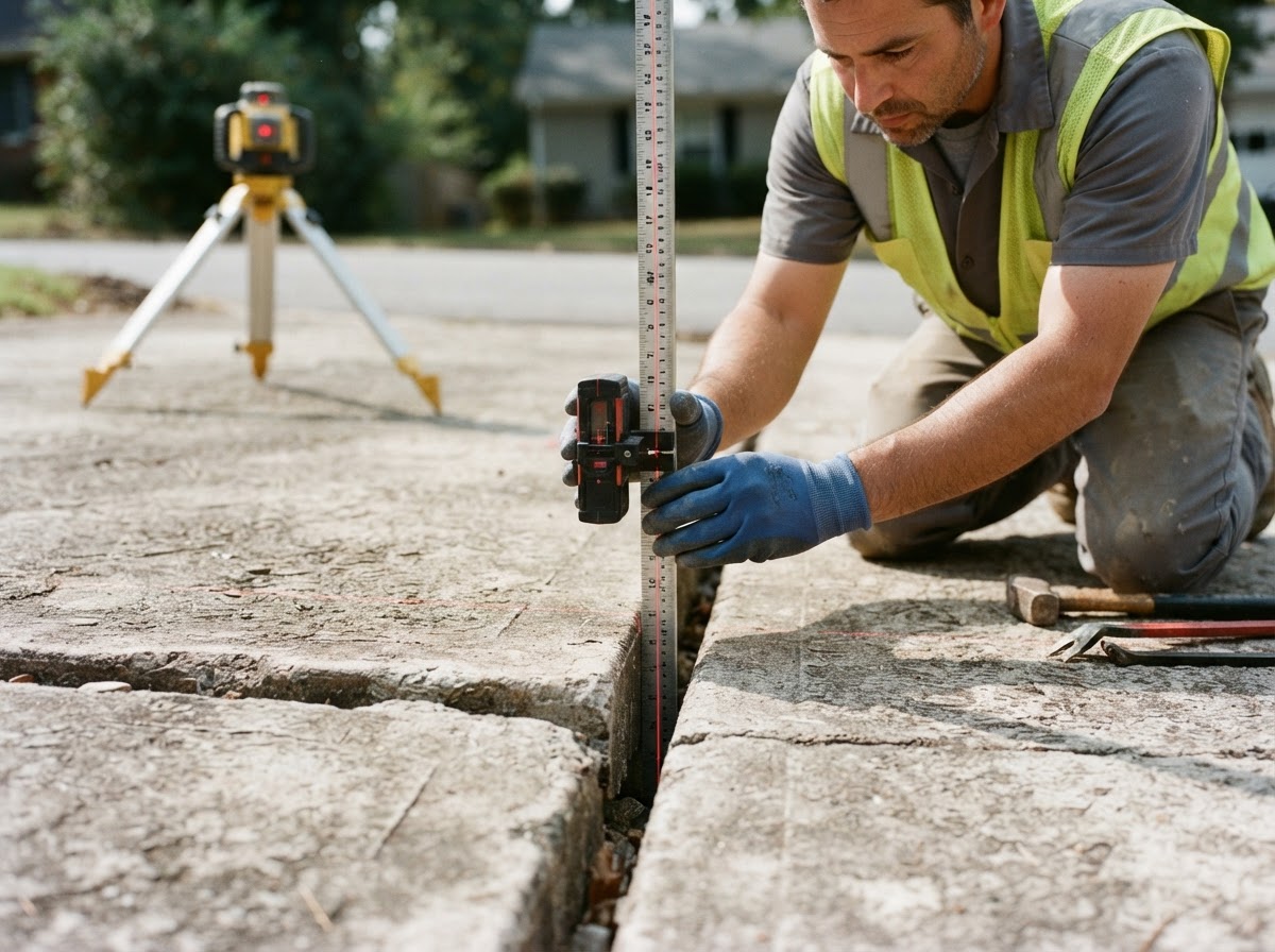Worker using a laser level and measurement tool across a settled concrete driveway panel