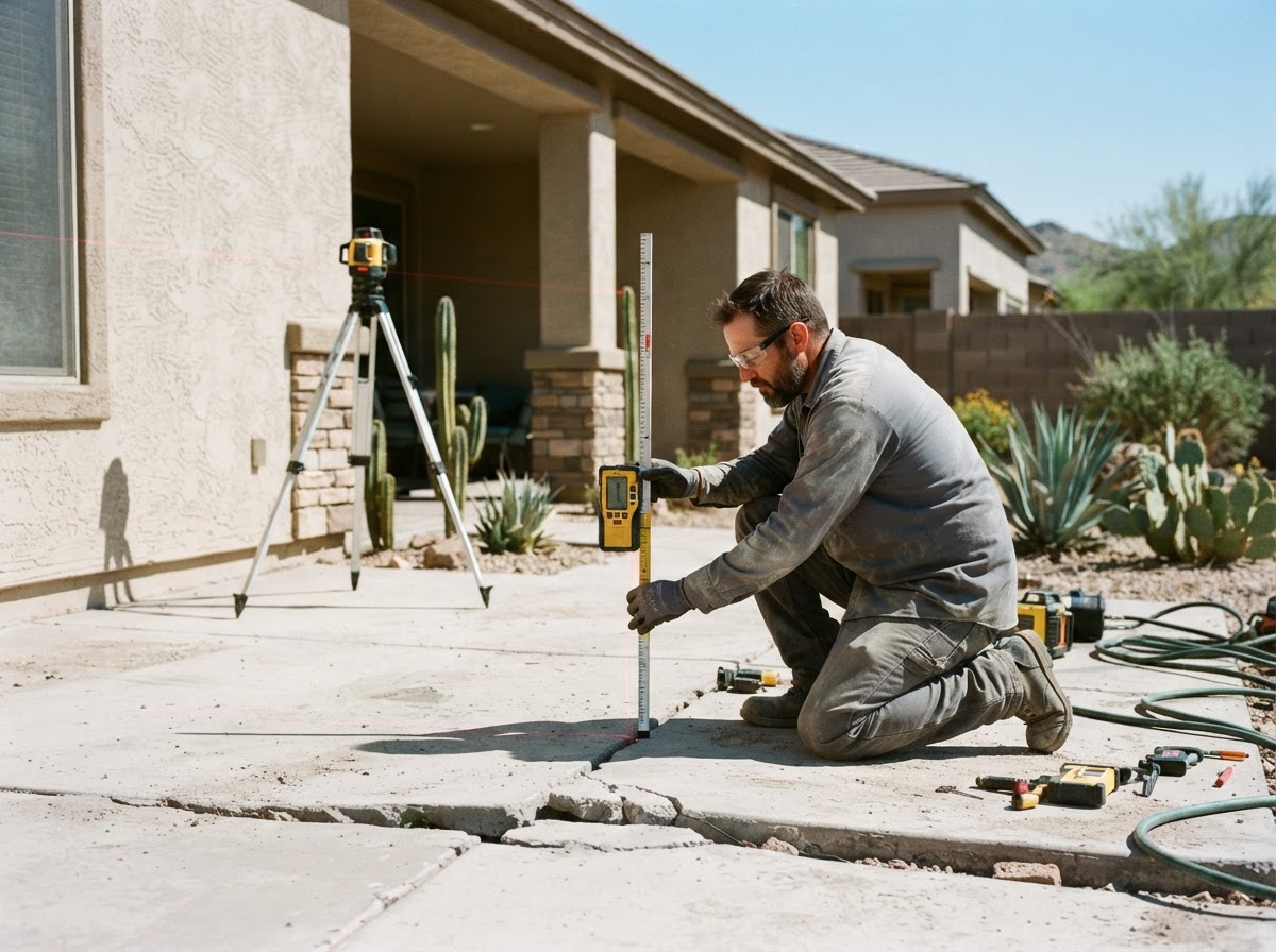Concrete leveling technician using a laser level and measurement tool to check elevation across a settled residential patio slab