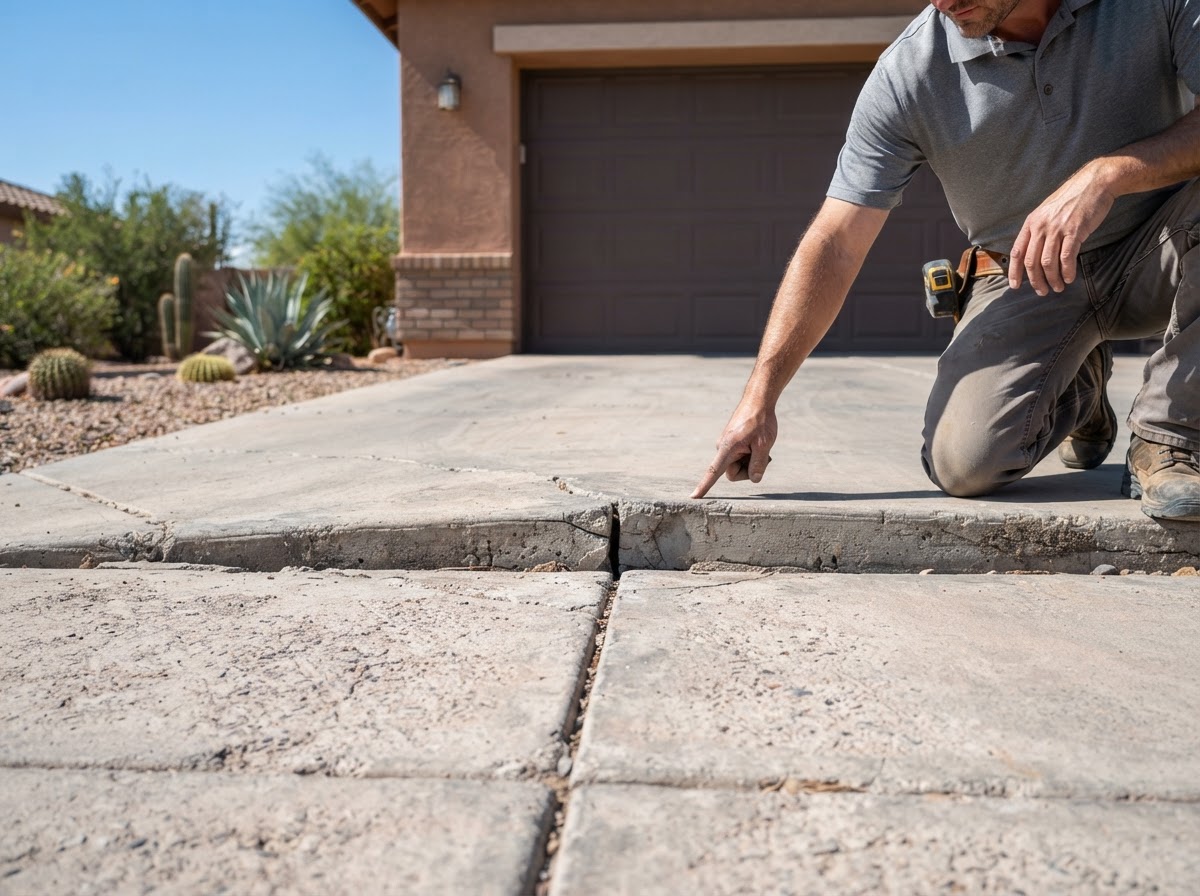 Technician pointing at a vertical offset between a concrete driveway panel and a garage approach slab at an Arizona residential garage entrance