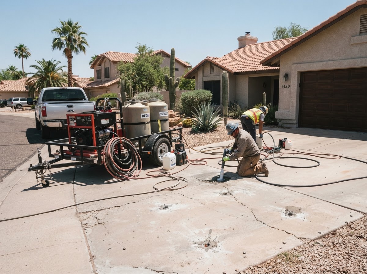 Professional concrete lifting injection equipment and polyurethane material tanks staged on a residential driveway at an established Arizona neighborhood home