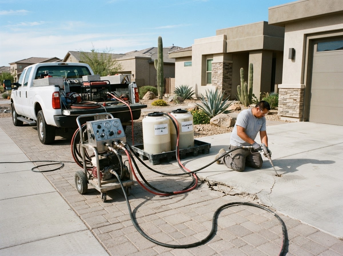Professional concrete lifting injection equipment and polyurethane material tanks staged on a residential driveway at a newer Arizona subdivision home