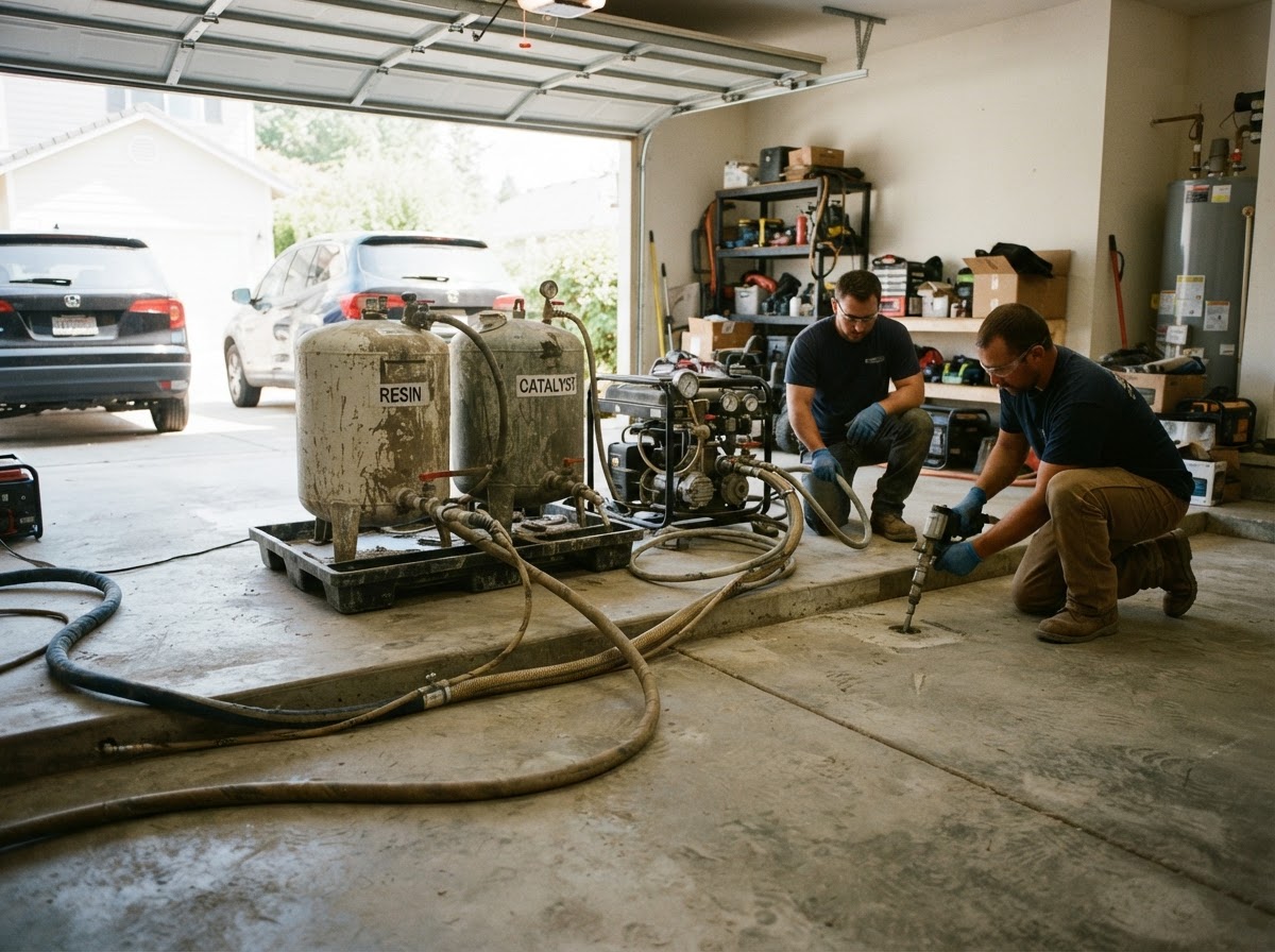 Professional concrete lifting injection equipment and material tanks staged inside a residential garage during a floor slab leveling lift