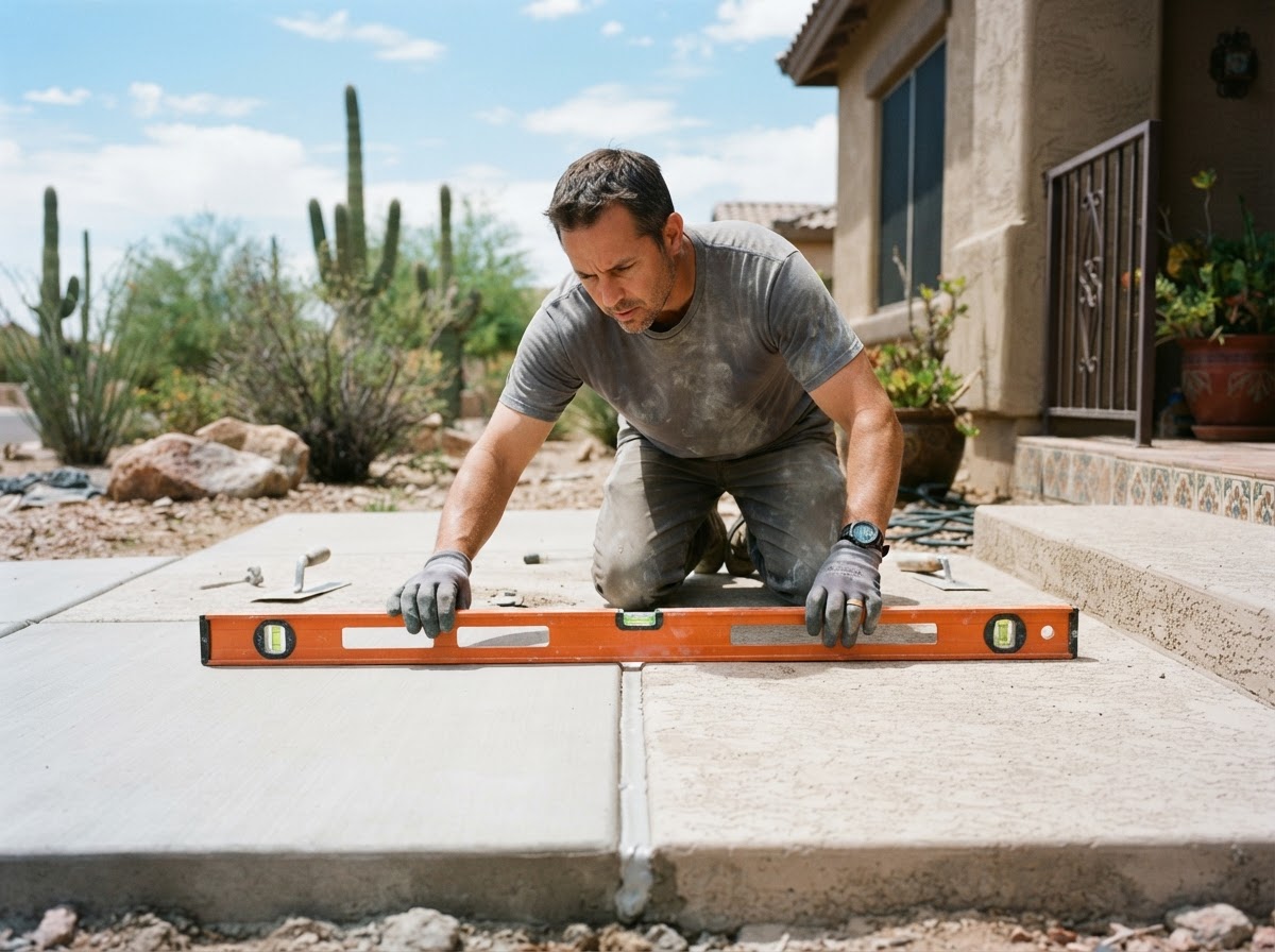 Technician checking the alignment of a walkway-to-porch transition joint with a straight-edge level after a concrete leveling lift
