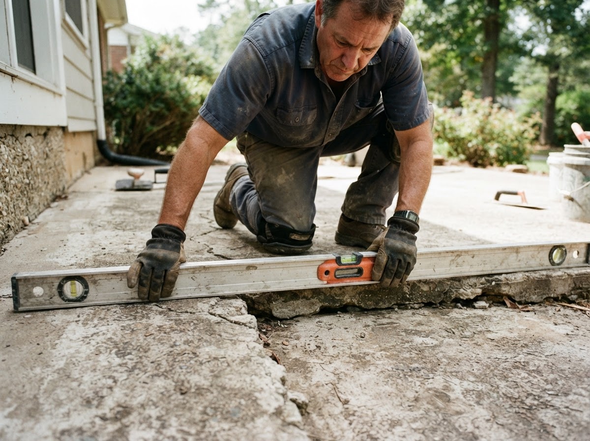 Concrete leveling technician kneeling to assess slab elevation with a straight-edge level