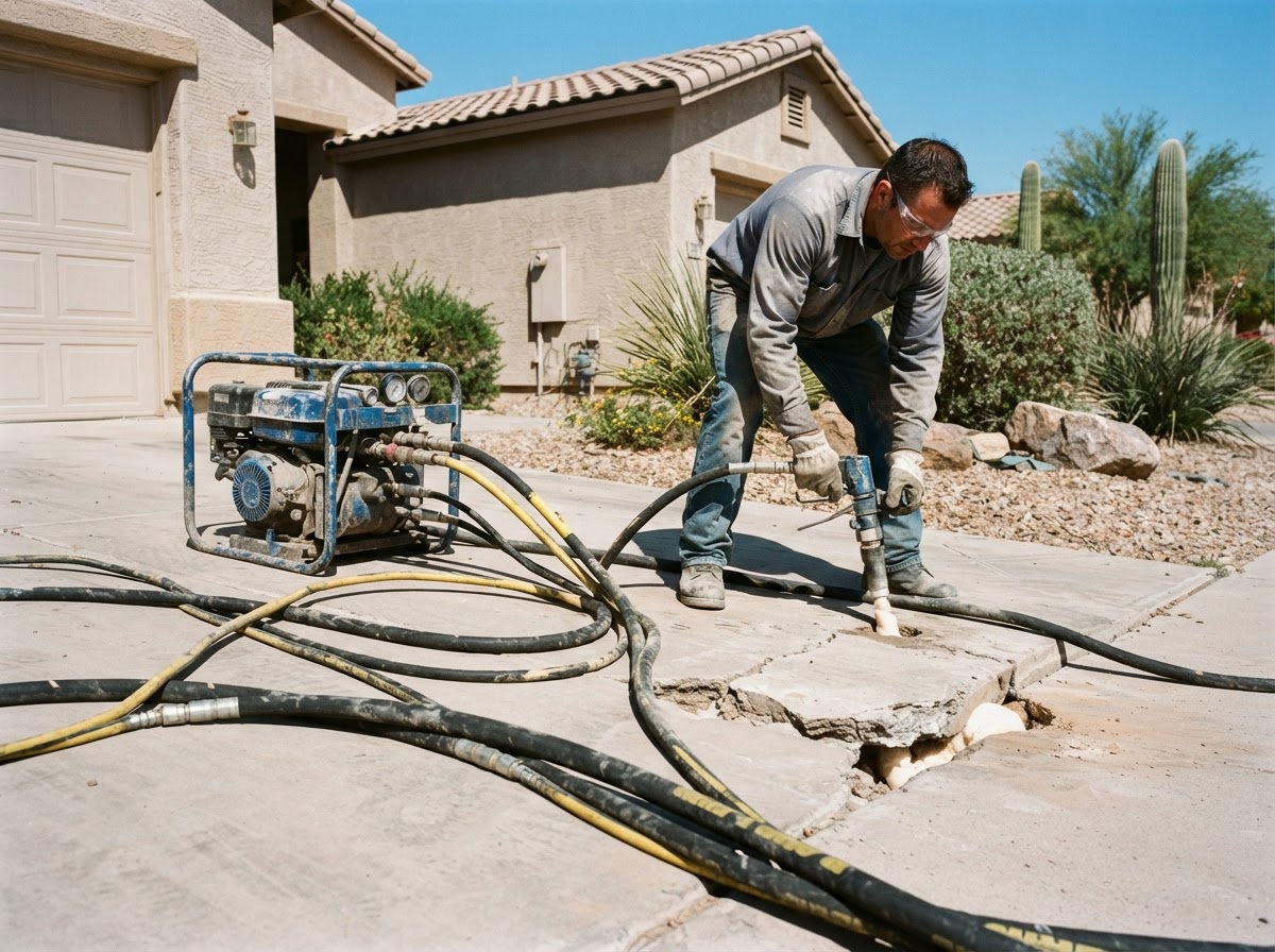 Professional concrete lifting injection equipment and hoses staged on a settled residential driveway slab during a sunken concrete repair lift in Arizona
