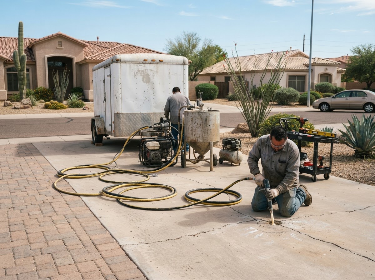 Professional concrete lifting injection equipment and material tanks staged on a residential driveway in an Arizona active-adult community
