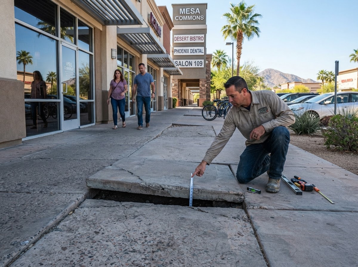 Commercial pedestrian sidewalk slab in front of a Mesa Arizona retail building being evaluated for concrete leveling showing a settled panel offset
