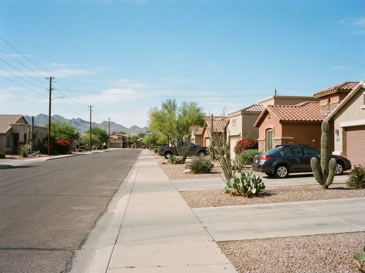 East Valley Arizona residential streetscape with stucco homes, concrete sidewalks, driveways and desert landscaping