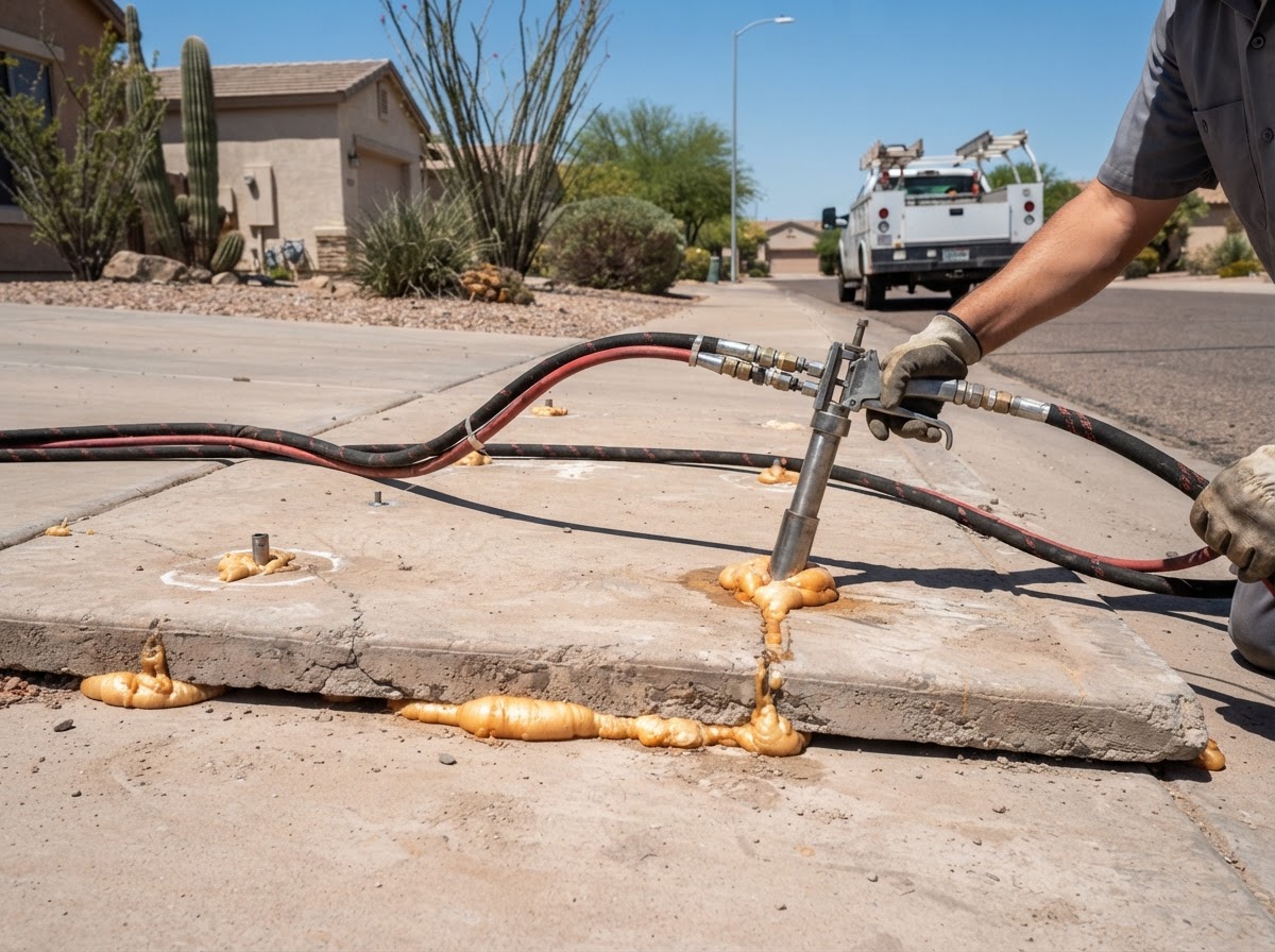 Polyurethane foam injection ports and equipment hoses staged on a residential sidewalk panel during a leveling lift with small drilled injection holes visible
